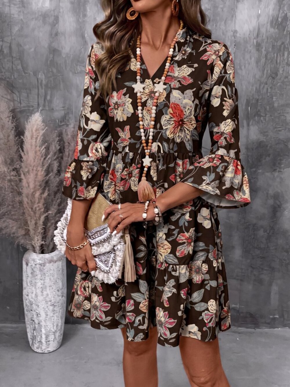 Brown Boho Women's Print Dress - Picture 5 of 7